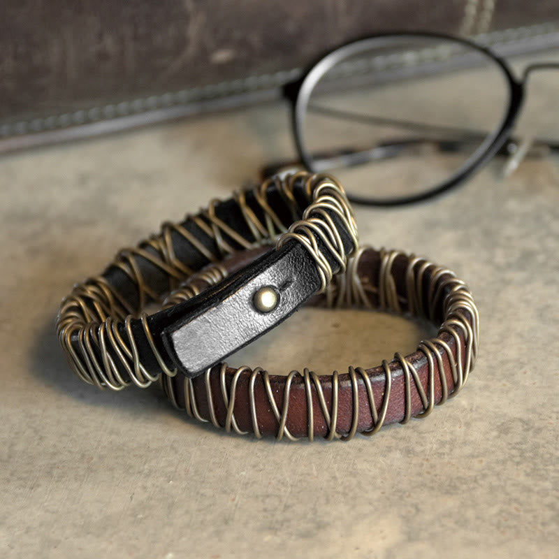 Fortune Jewel Vintage Leather Copper Brass Wire Wrap Balance Bracelet