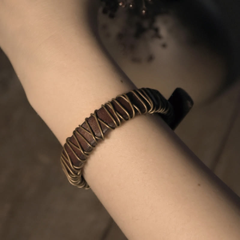 Fortune Jewel Vintage Leather Copper Brass Wire Wrap Balance Bracelet