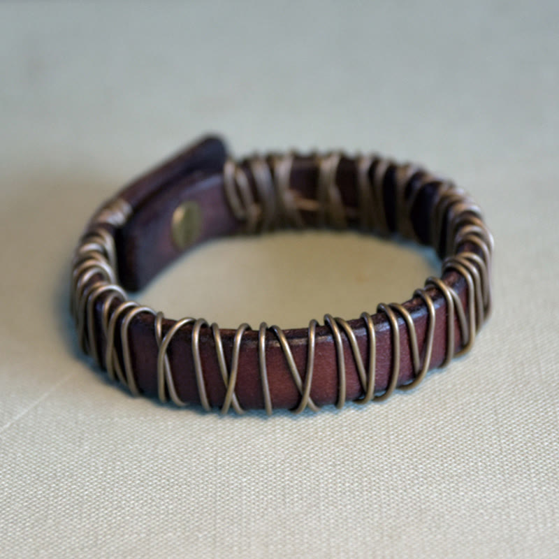 Fortune Jewel Vintage Leather Copper Brass Wire Wrap Balance Bracelet
