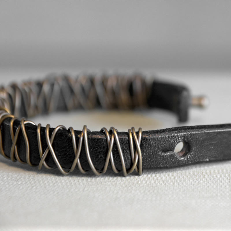 Fortune Jewel Vintage Leather Copper Brass Wire Wrap Balance Bracelet