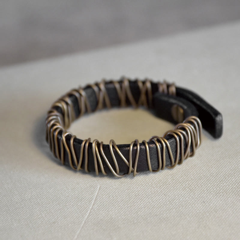 Fortune Jewel Vintage Leather Copper Brass Wire Wrap Balance Bracelet