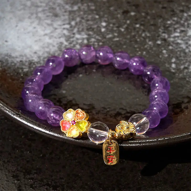 Fortune Jewel Natural Amethyst White Crystal Flower Healing Safe And Well Charm Bracelet Fortune Jewel