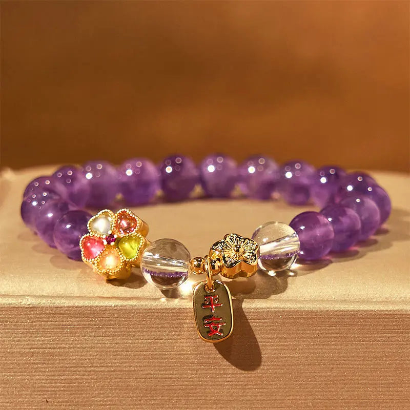 Fortune Jewel Natural Amethyst White Crystal Flower Healing Safe And Well Charm Bracelet Fortune Jewel