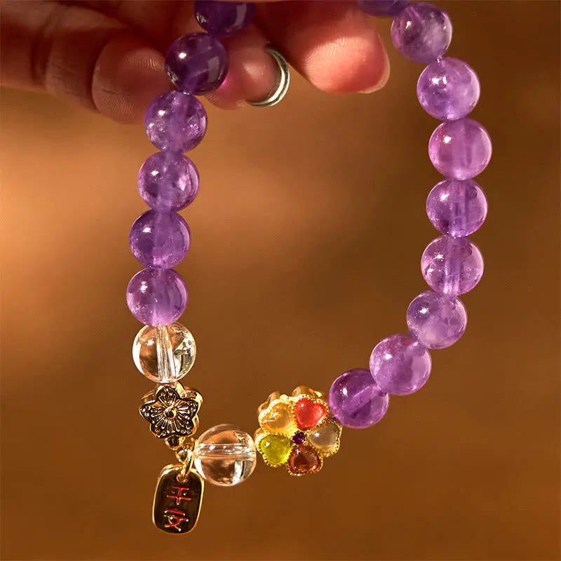 Fortune Jewel Natural Amethyst White Crystal Flower Healing Safe And Well Charm Bracelet Fortune Jewel