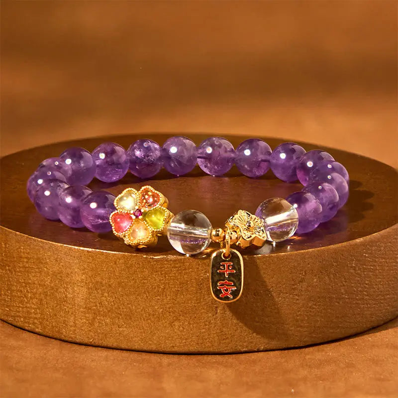 Fortune Jewel Natural Amethyst White Crystal Flower Healing Safe And Well Charm Bracelet Fortune Jewel
