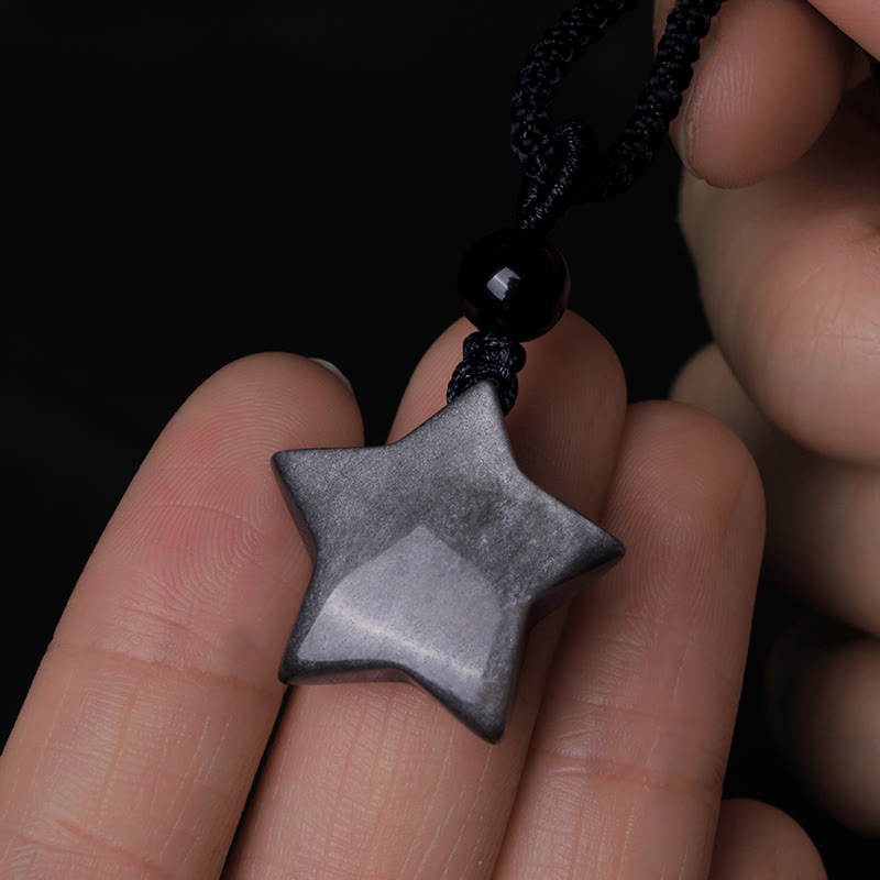 Fortune Jewel Natural Silver Sheen Obsidian Star Crescent Moon Protection Necklace Pendant