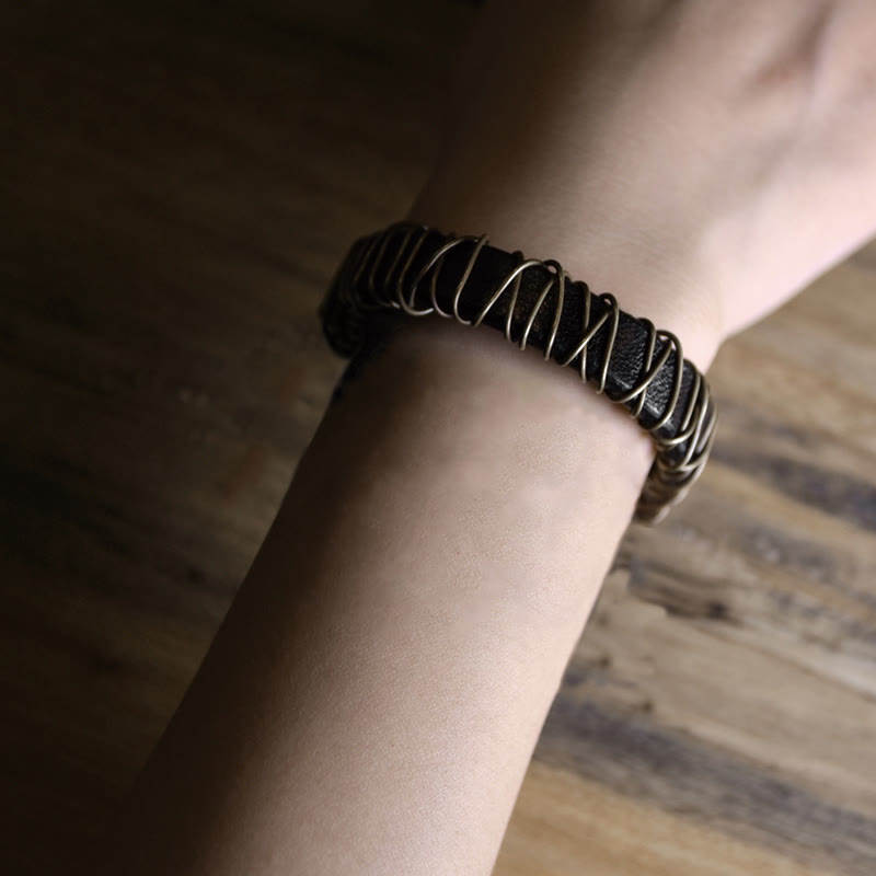 Fortune Jewel Vintage Leather Copper Brass Wire Wrap Balance Bracelet