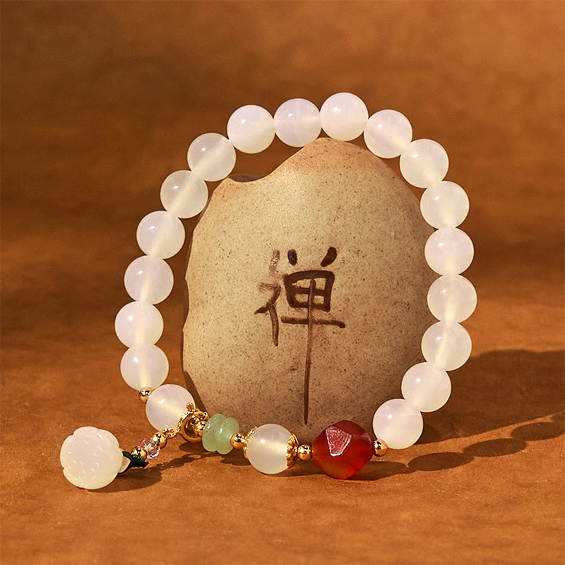 Fortune Jewel White Agate Red Agate Lotus Pod Charm Luck Bracelet