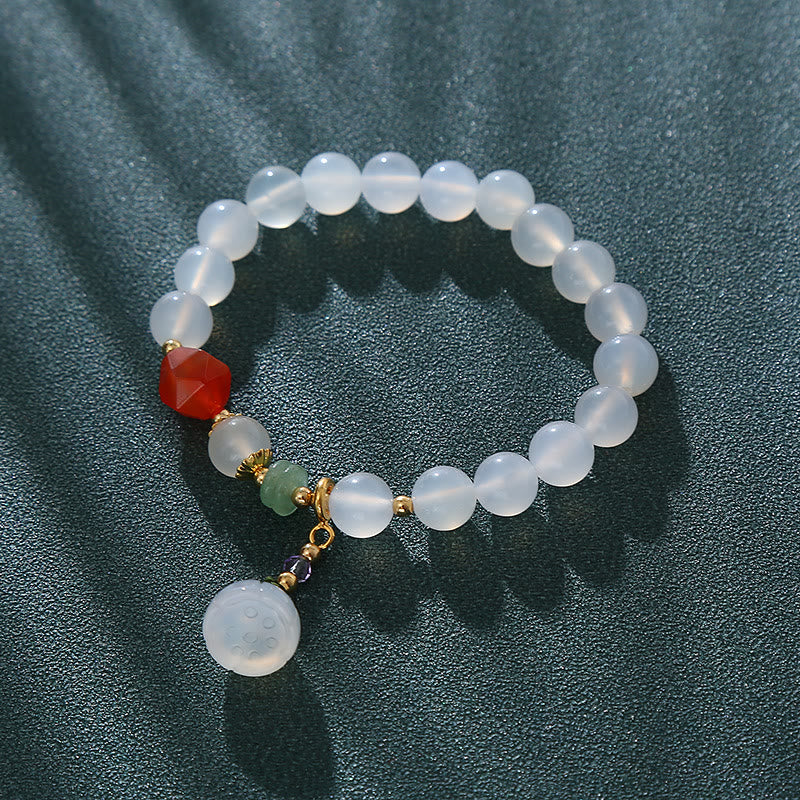 Fortune Jewel White Agate Red Agate Lotus Pod Charm Luck Bracelet