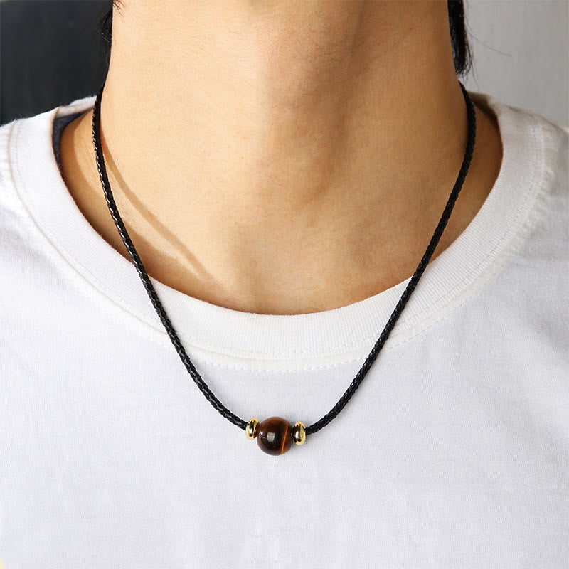 Fortune Jewel Natural Tiger Eye Beaded Protection Wax Rope Necklace Pendant