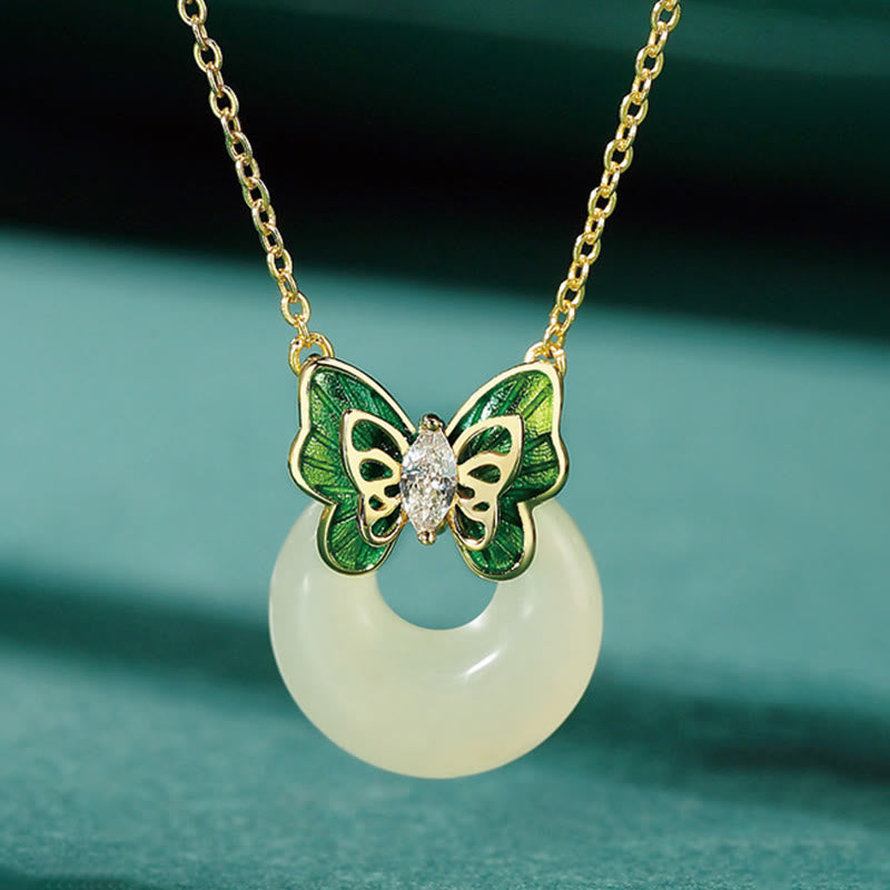Fortune Jewel 925 Sterling Silver Natural Hetian Jade Peace Buckle Butterfly Zircon Luck Bracelet Necklace Pendant