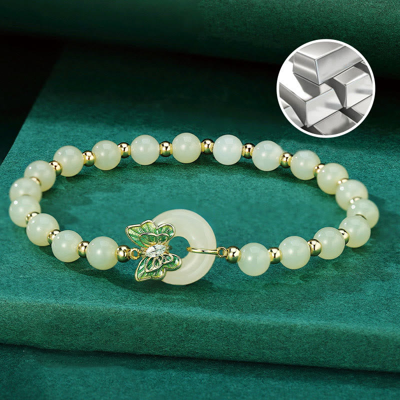 Fortune Jewel 925 Sterling Silver Natural Hetian Jade Peace Buckle Butterfly Zircon Luck Bracelet Necklace Pendant