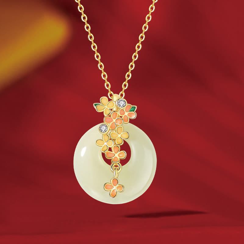 Fortune Jewel 925 Sterling Silver Natural Hetian Jade Osmanthus Flowers Peace Buckle Zircon Luck Bracelet Necklace Pendant