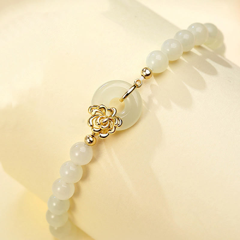 Fortune Jewel 925 Sterling Silver Natural Hetian Jade Autumn Chrysanthemum Peace Buckle Prosperity Bracelet