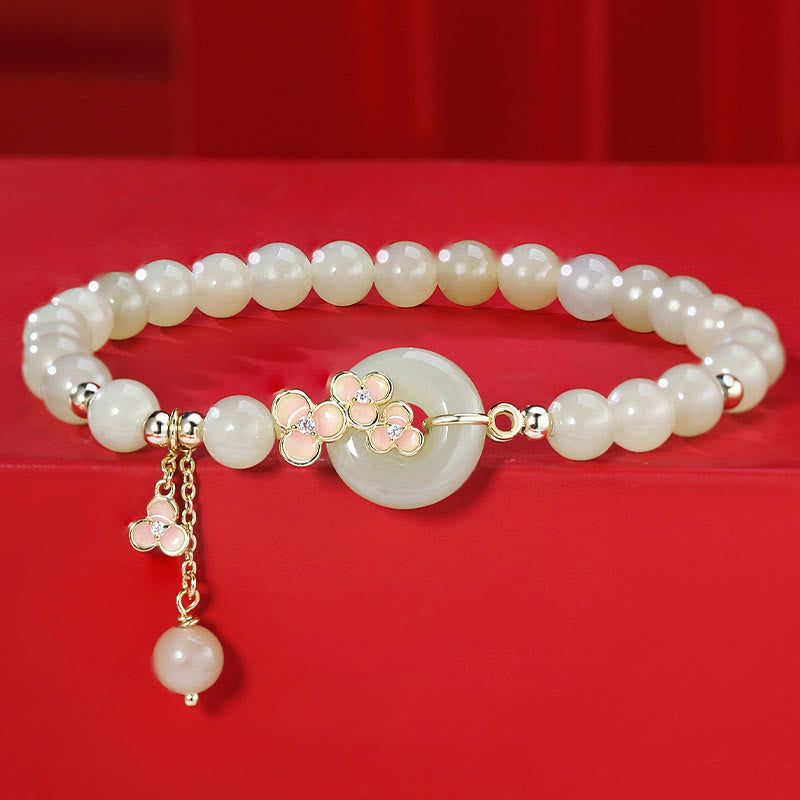 Fortune Jewel 925 Sterling Silver Natural Hetian Jade Peach Blossom Peace Buckle Zircon Luck Bracelet Necklace Pendant