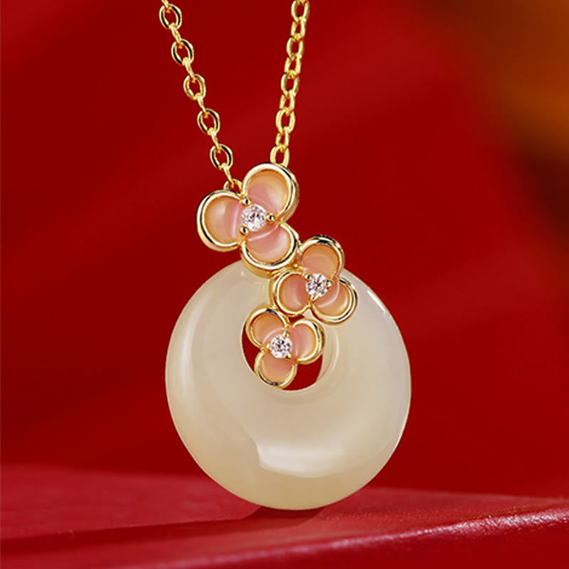 Fortune Jewel 925 Sterling Silver Natural Hetian Jade Peach Blossom Peace Buckle Zircon Luck Bracelet Necklace Pendant