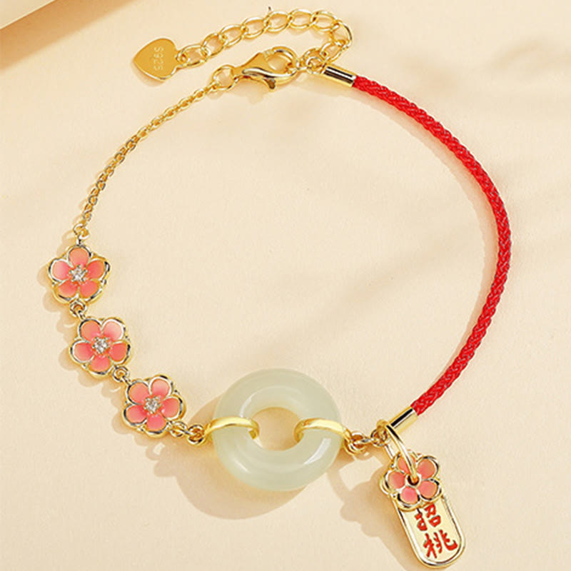 Fortune Jewel 925 Sterling Silver Natural Hetian Jade Peach Blossom Peace Buckle Zircon Luck Bracelet Necklace Pendant