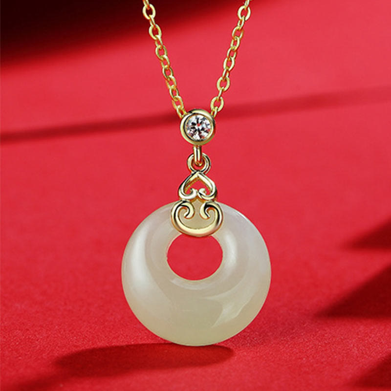 Fortune Jewel 925 Sterling Silver Natural Hetian Jade Gourd Peace Buckle Zircon Luck Bracelet Necklace Pendant Earrings