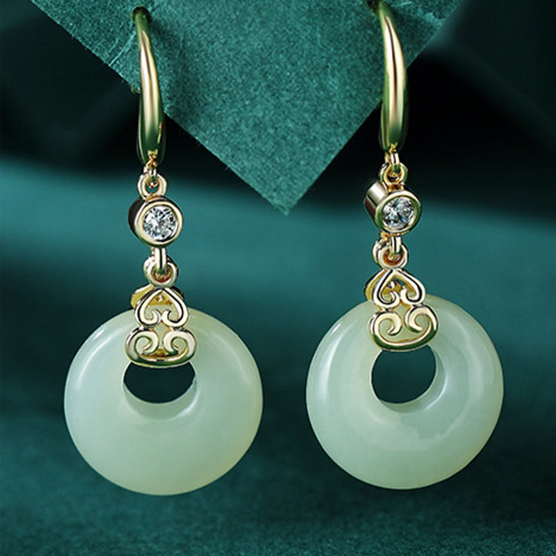 Fortune Jewel 925 Sterling Silver Natural Hetian Jade Gourd Peace Buckle Zircon Luck Bracelet Necklace Pendant Earrings
