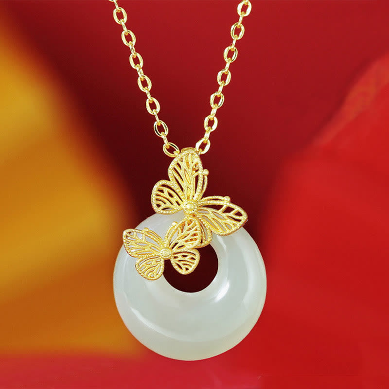 Fortune Jewel 925 Sterling Silver Natural Hetian Jade Butterfly Prosperity Necklace Pendant