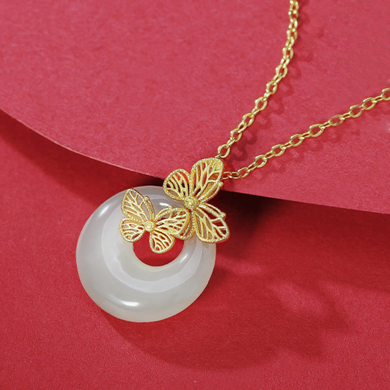 Fortune Jewel 925 Sterling Silver Natural Hetian Jade Butterfly Prosperity Necklace Pendant