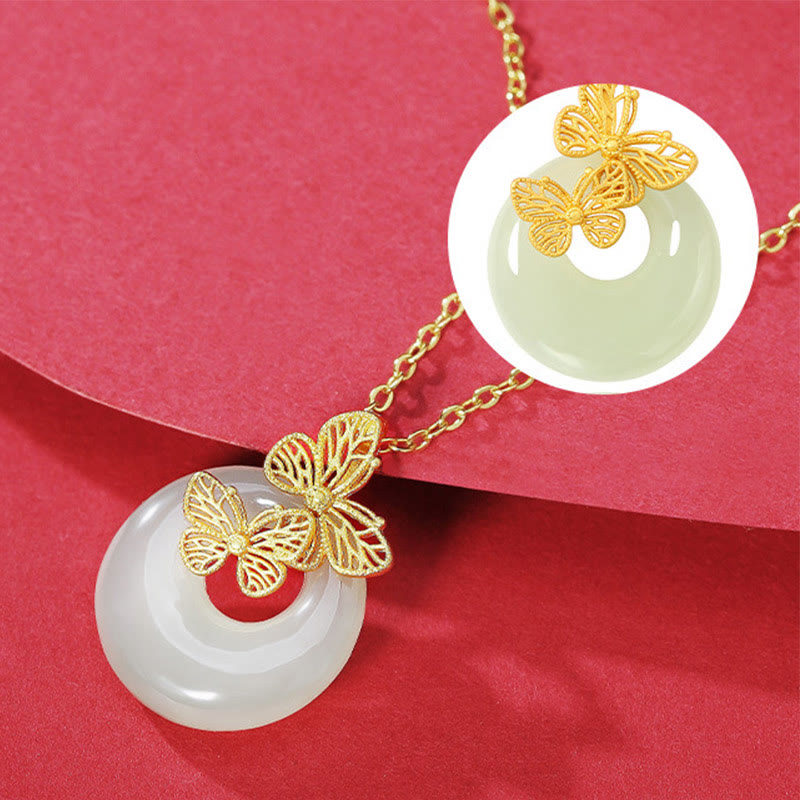 Fortune Jewel 925 Sterling Silver Natural Hetian Jade Butterfly Prosperity Necklace Pendant