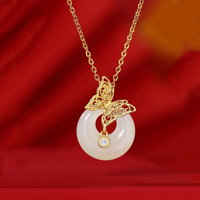 Fortune Jewel 925 Sterling Silver Natural Hetian Jade Butterfly Prosperity Necklace Pendant