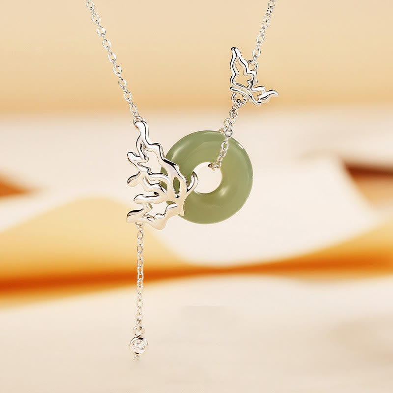 Fortune Jewel 925 Sterling Silver Natural Hetian Jade Peace Buckle Butterfly Abundance Necklace Pendant