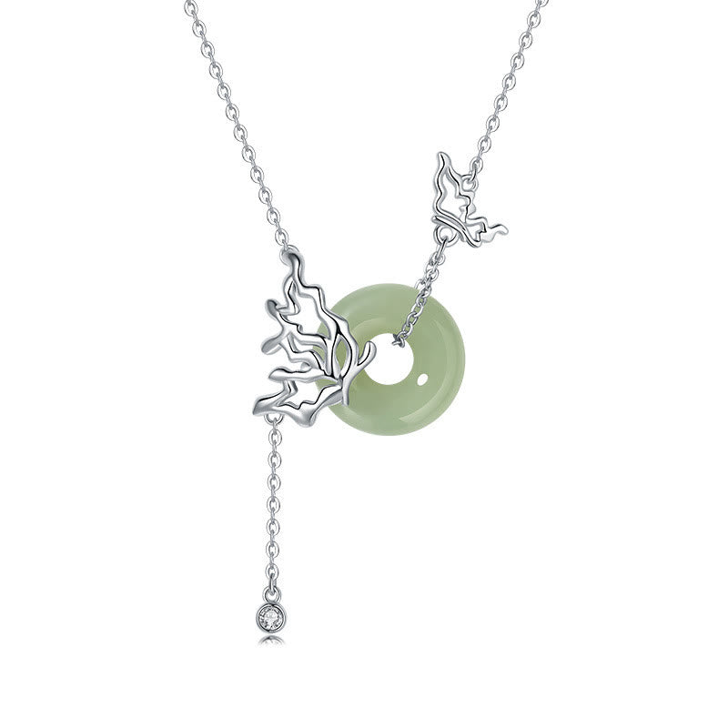 Fortune Jewel 925 Sterling Silver Natural Hetian Jade Peace Buckle Butterfly Abundance Necklace Pendant