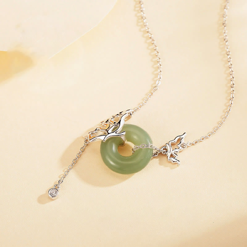 Fortune Jewel 925 Sterling Silver Natural Hetian Jade Peace Buckle Butterfly Abundance Necklace Pendant