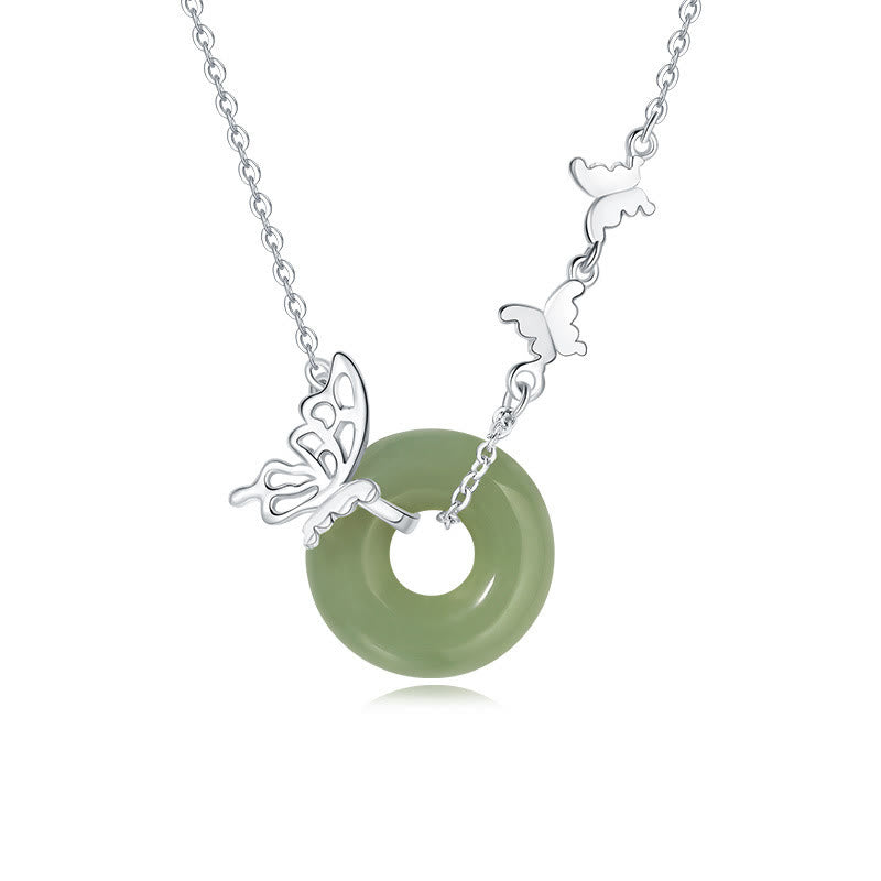 Fortune Jewel 925 Sterling Silver Natural Hetian Jade Peace Buckle Butterfly Luck Prosperity Bracelet Necklace Pendant