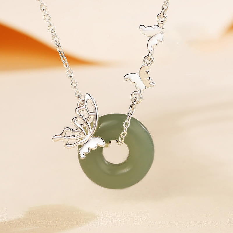 Fortune Jewel 925 Sterling Silver Natural Hetian Jade Peace Buckle Butterfly Luck Prosperity Bracelet Necklace Pendant