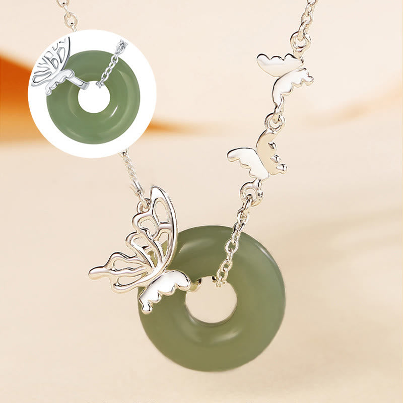 Fortune Jewel 925 Sterling Silver Natural Hetian Jade Peace Buckle Butterfly Luck Prosperity Bracelet Necklace Pendant