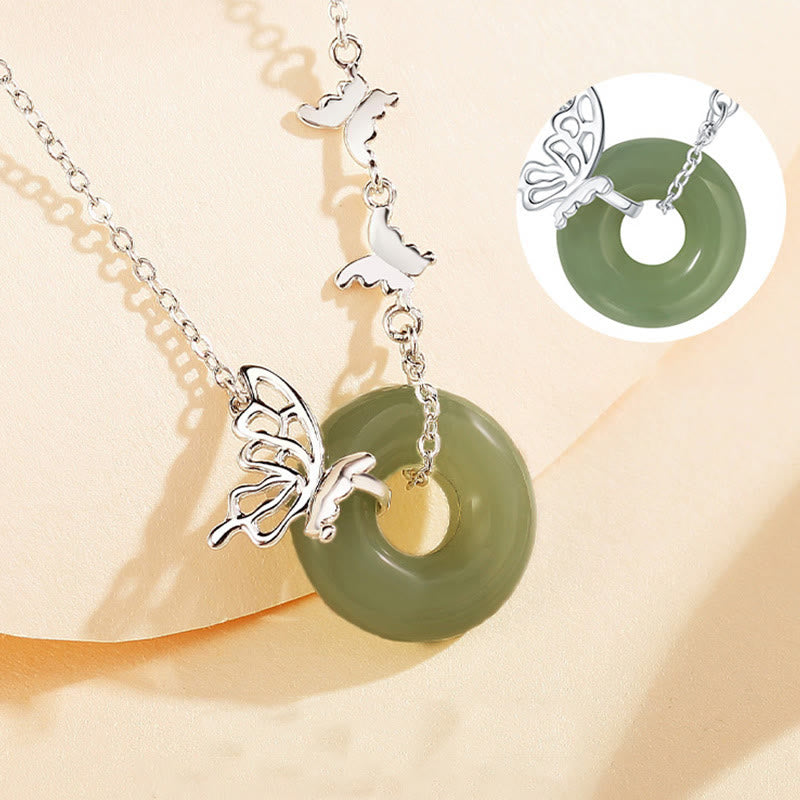 Fortune Jewel 925 Sterling Silver Natural Hetian Jade Peace Buckle Butterfly Luck Prosperity Bracelet Necklace Pendant