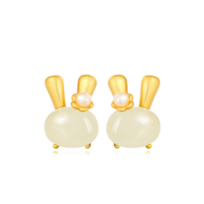 Fortune Jewel 925 Sterling Silver Natural Hetian Jade Cute Rabbit Pearl Abundance Earrings Fortune Jewel