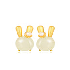 Fortune Jewel 925 Sterling Silver Natural Hetian Jade Cute Rabbit Pearl Abundance Earrings Fortune Jewel