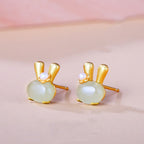 Fortune Jewel 925 Sterling Silver Natural Hetian Jade Cute Rabbit Pearl Abundance Earrings Fortune Jewel