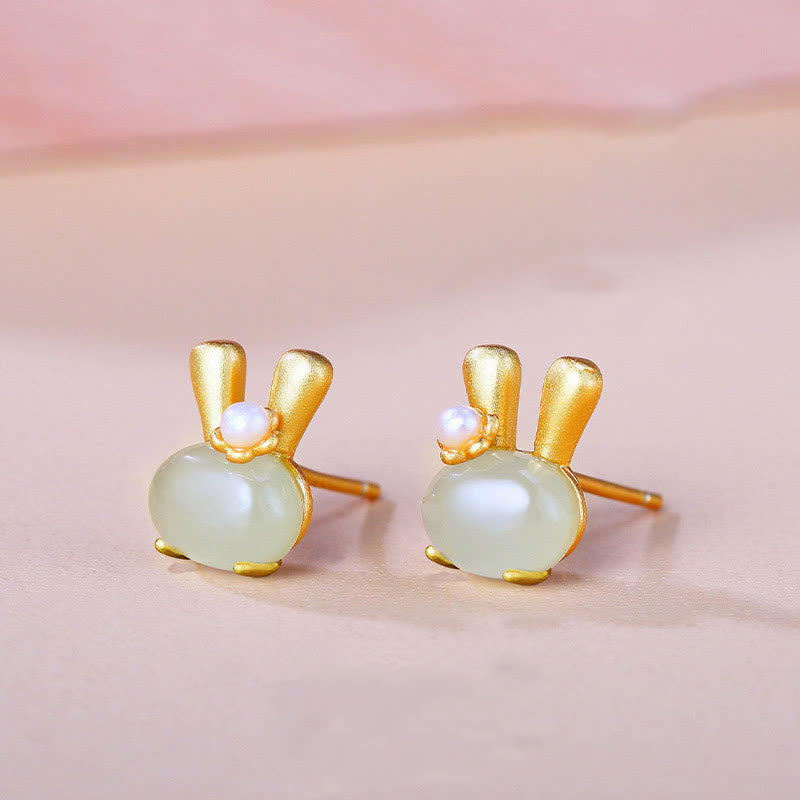 Fortune Jewel 925 Sterling Silver Natural Hetian Jade Cute Rabbit Pearl Abundance Earrings Fortune Jewel