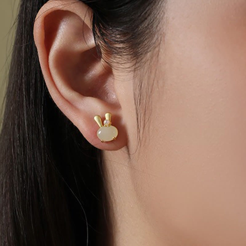 Fortune Jewel 925 Sterling Silver Natural Hetian Jade Cute Rabbit Pearl Abundance Earrings Fortune Jewel
