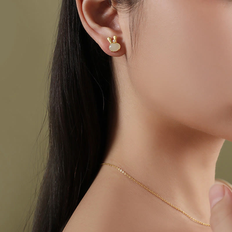 Fortune Jewel 925 Sterling Silver Natural Hetian Jade Cute Rabbit Pearl Abundance Earrings Fortune Jewel