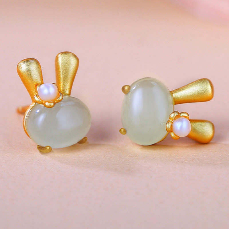 Fortune Jewel 925 Sterling Silver Natural Hetian Jade Cute Rabbit Pearl Abundance Earrings Fortune Jewel