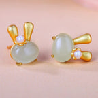Fortune Jewel 925 Sterling Silver Natural Hetian Jade Cute Rabbit Pearl Abundance Earrings Fortune Jewel