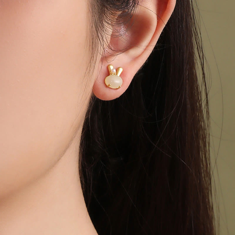 Fortune Jewel 925 Sterling Silver Natural Hetian Jade Cute Rabbit Pearl Abundance Earrings Fortune Jewel