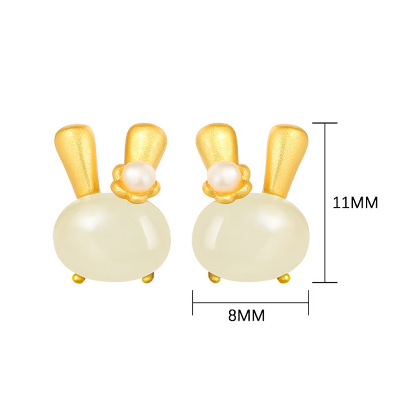 Fortune Jewel 925 Sterling Silver Natural Hetian Jade Cute Rabbit Pearl Abundance Earrings Fortune Jewel
