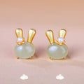 Fortune Jewel 925 Sterling Silver Natural Hetian Jade Cute Rabbit Pearl Abundance Earrings Fortune Jewel