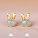 Fortune Jewel 925 Sterling Silver Natural Hetian Jade Cute Rabbit Pearl Abundance Earrings Fortune Jewel