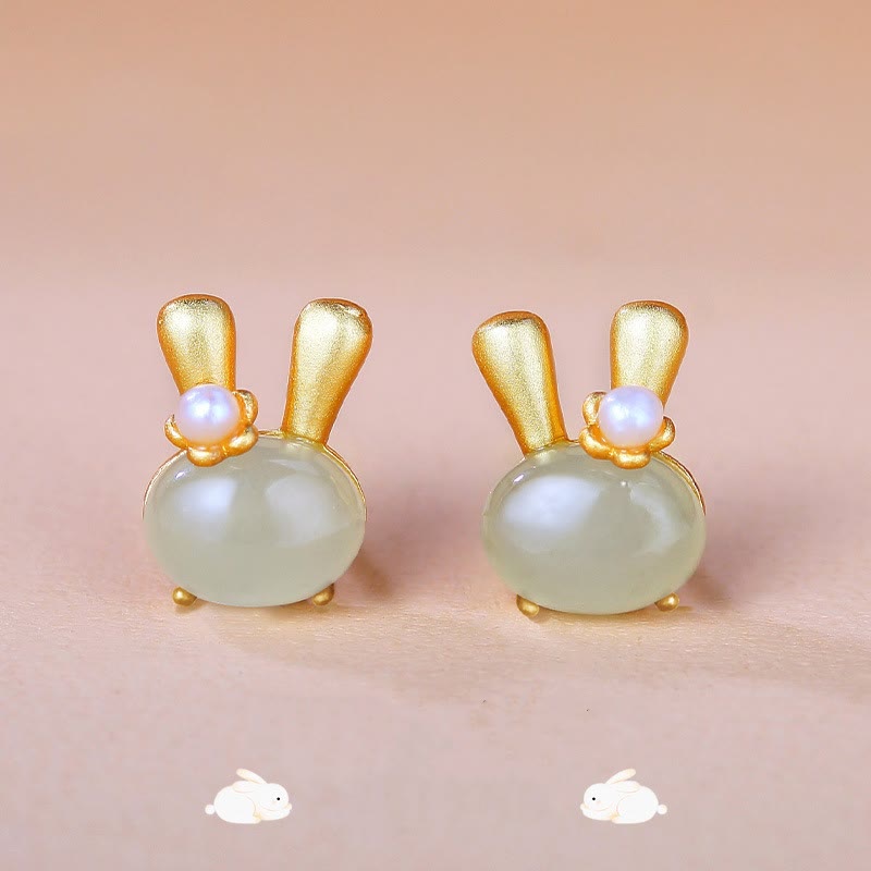 Fortune Jewel 925 Sterling Silver Natural Hetian Jade Cute Rabbit Pearl Abundance Earrings Fortune Jewel