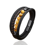 Fortune Jewel Tiger Eye Lava Rock Black Onyx Lazurite Lapis Lazuli Hematite Bead Positive Leather Bracelet