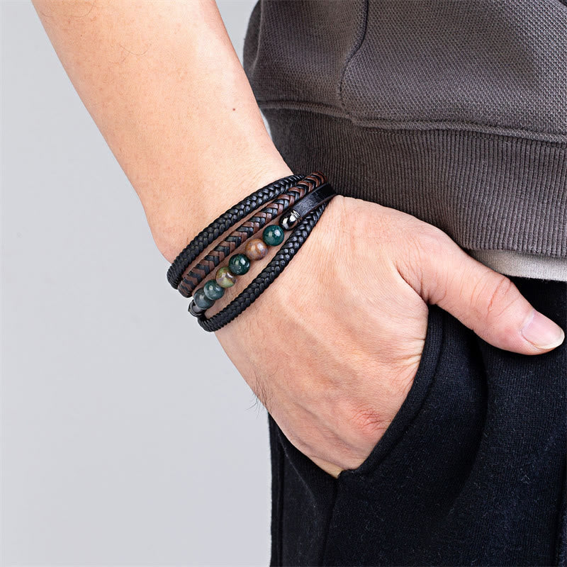 Fortune Jewel Tiger Eye Lava Rock Black Onyx Lazurite Lapis Lazuli Hematite Bead Positive Leather Bracelet