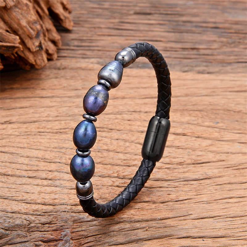 Fortune Jewel Handmade Irregular Shaped Pearls Healing Leather Titanium Steel Buckle Bracelet